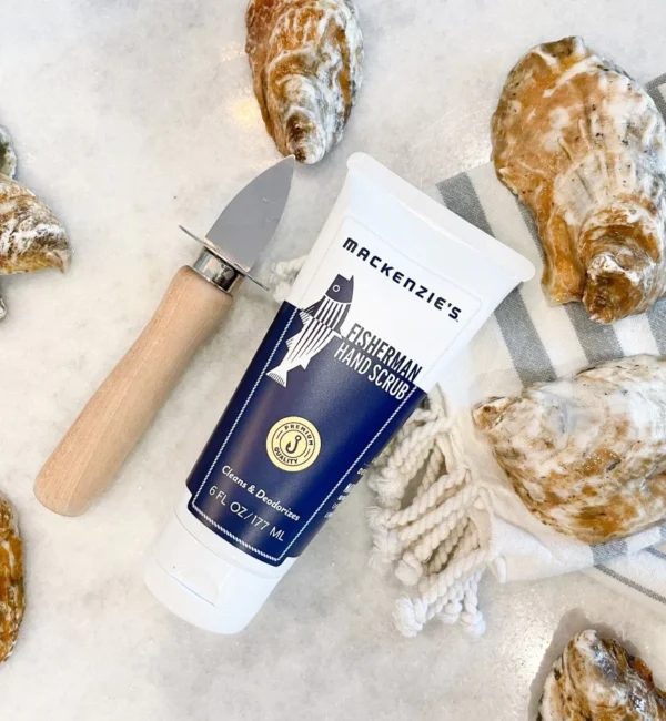 Fisherman Hand Scrub on counter surrounded by oysters